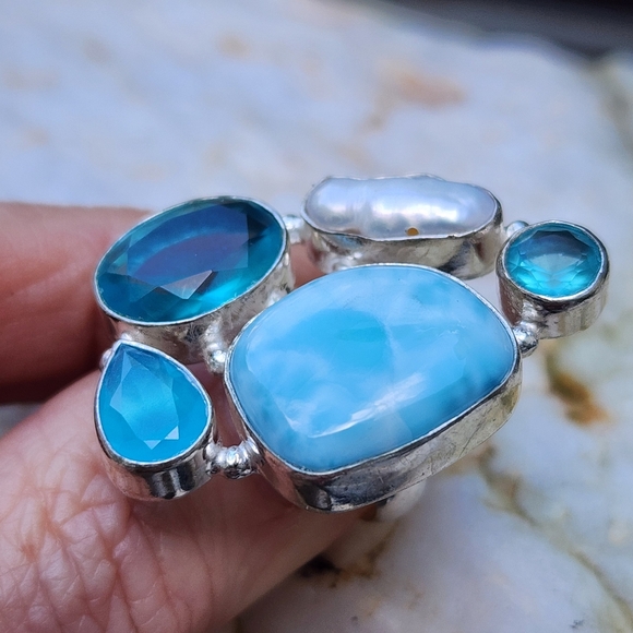Silver 925 Ring Genuine Blue Larimar Chalc dony Stone Boho Unique Jewelry